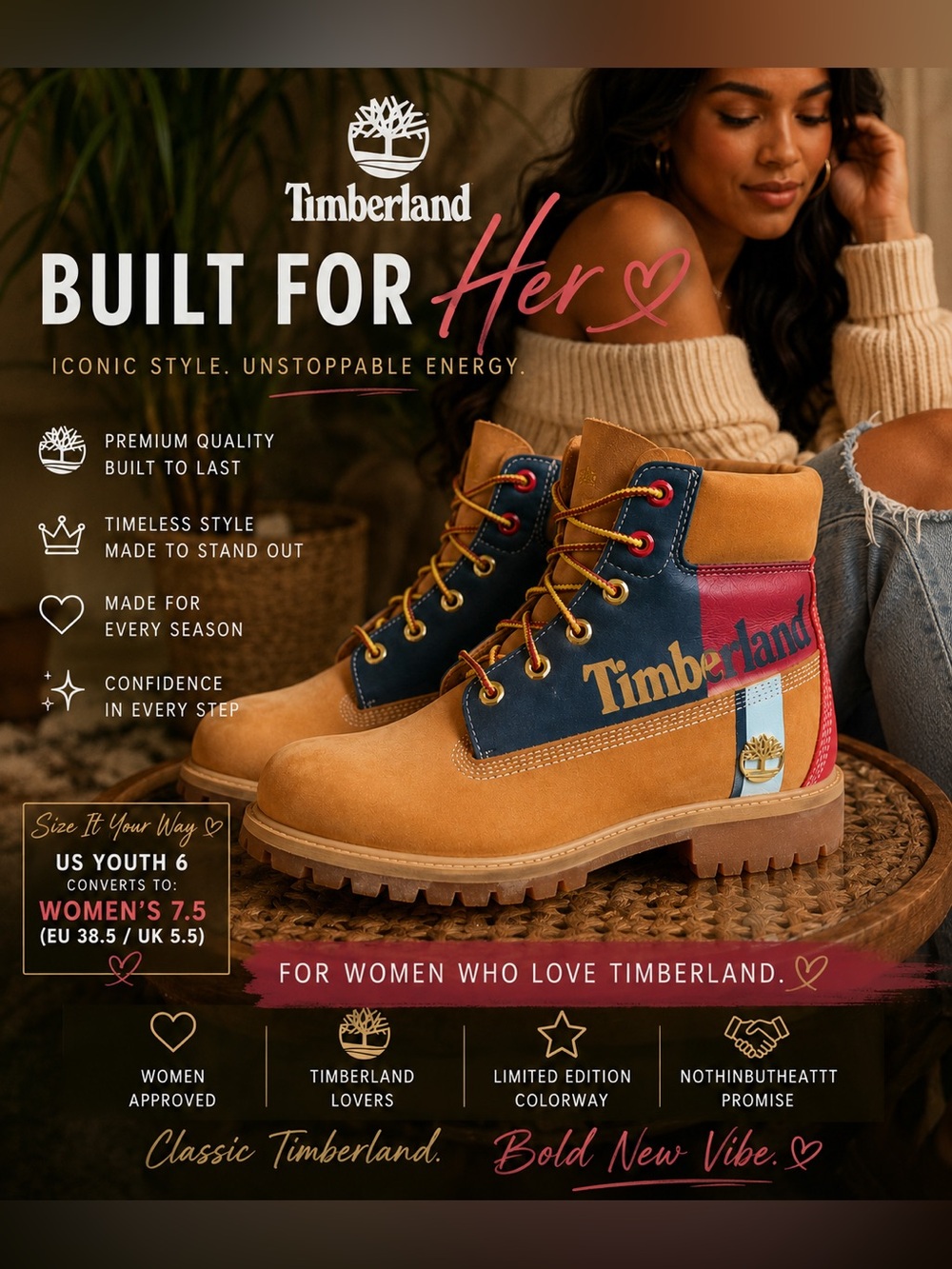 Timberland 6” Premium Wheat Blue Red Colorblock Boots Women’s 7.5 WITH Gold Tips